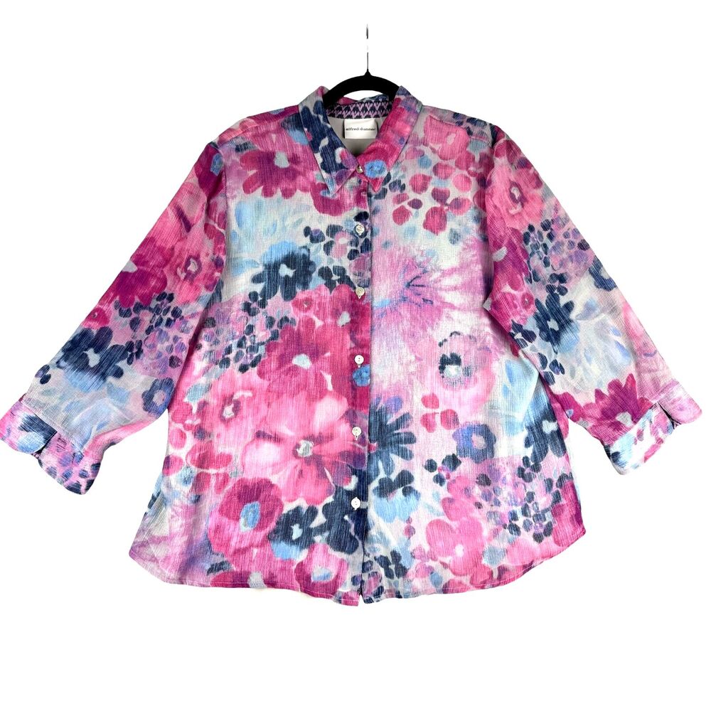 Alfred Dunner Top Women's 18 Watercolor Button Up Floral 3/4 Sleeve Lined Tunic
